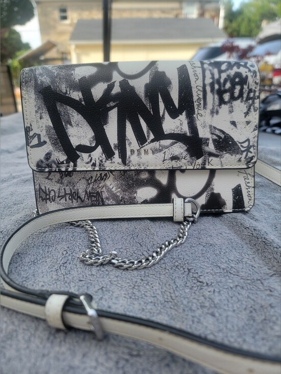 Dkny Handbags - DKNY Graffiti Print Flap Crossbody Bag White Black Silver Chain